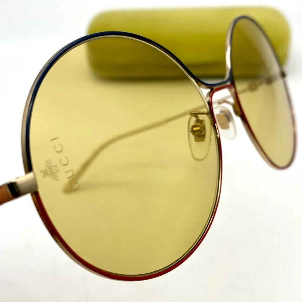 Gucci Round Blue and Red Metal Sunglasses with Yellow Lenses